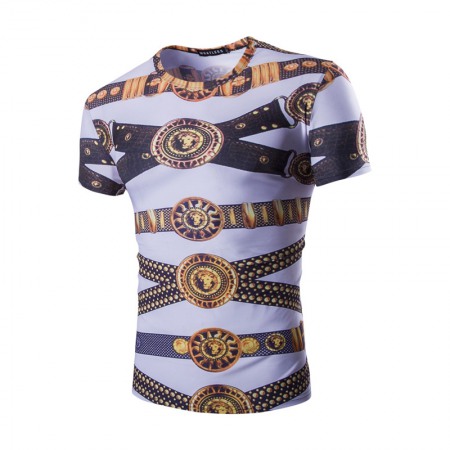 Summer Men's Gold Belt Striped Pattern Casual Round Neck Short-Sleeved T-Shirt