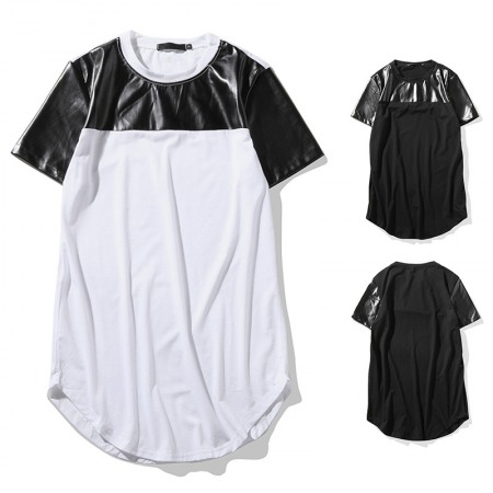 Flat Summer New Men's Round Neck Short-Sleeved High Street Arc Hem Solid Color Leather T-Shirt